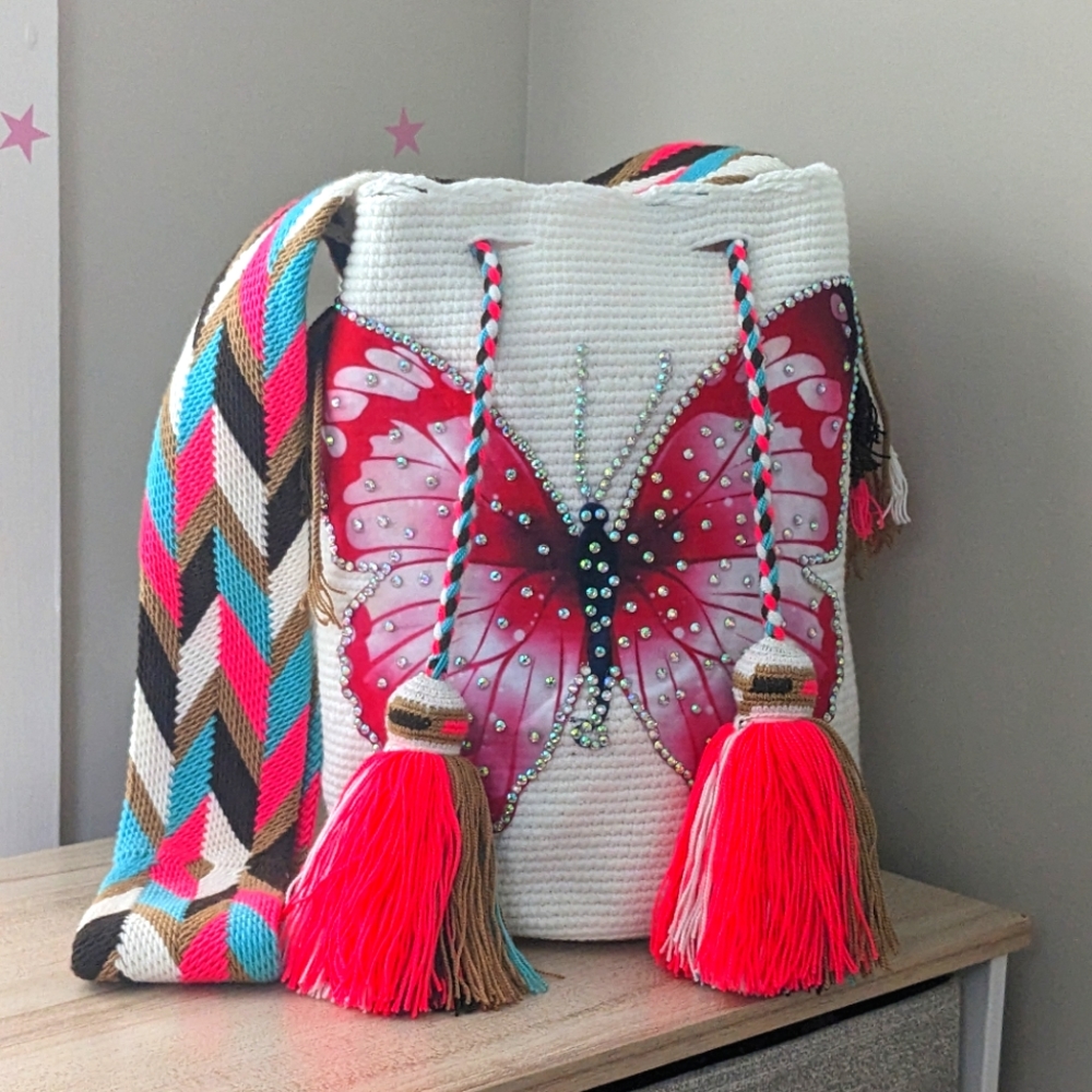 Wayuu Pink Butterfly Bag/ Handmade bag in cream color/ Size L. - Picture 9 of 9